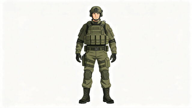 A young man in a green camouflage military army uniform and helmet stands armed with a black rifle and protective boots for winter forces protection