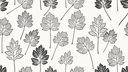 Fototapeta premium Hand-drawn botanical seamless pattern features detailed black leaf illustrations scattered across a clean off-white background.