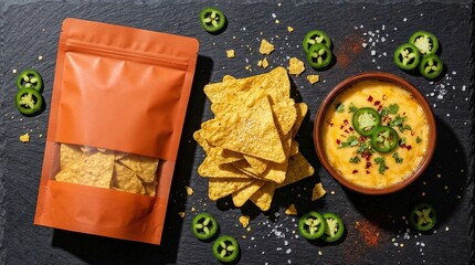 Vibrant orange snack setup with tortilla chips, queso dip, and jalapenos on a dark background, packaging mockup, pouch mockup