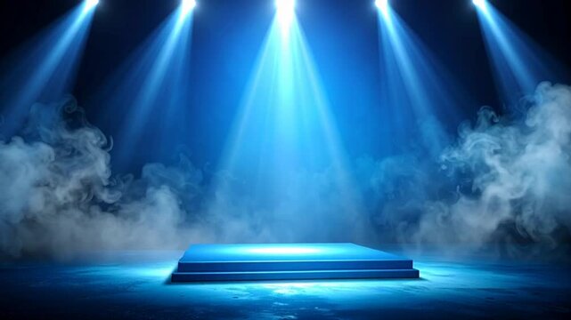 Blue stage with spotlight beams.