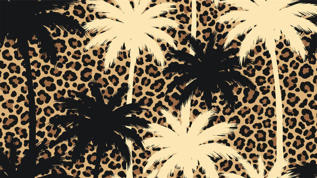 Bold tropical design features black and cream palm tree silhouettes layered over a classic brown and black leopard print background.