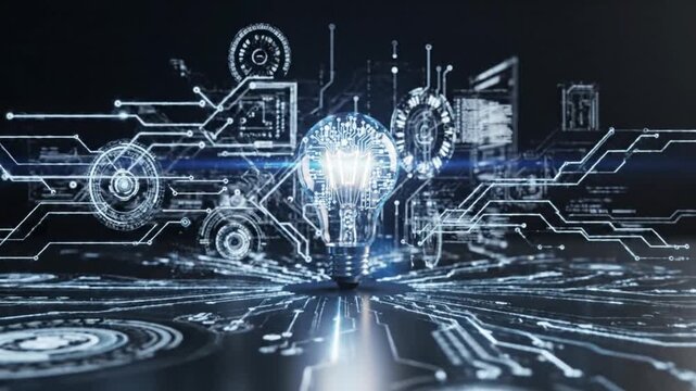 A video showcasing a bright lightbulb with glowing lines and circuits in a dark background, symbolizing innovation and technology.