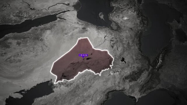 4K quality Map animation of Iraq country with label and Capital city baghdad highlighted with world map in the background
