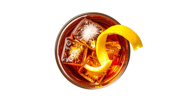 Overhead view of a cocktail in a glass with ice cubes and a curled citrus peel