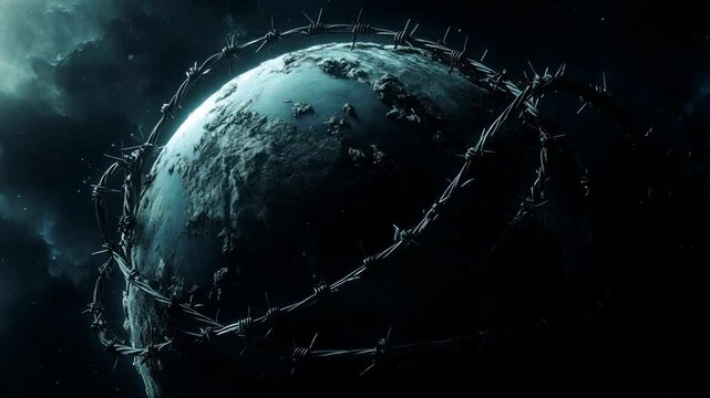 Conceptual animation of planet earth entangled in barbed wire, symbolizing global issues