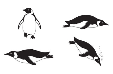 Four black silhouette emperor penguins on transparent background vector illustration aquatic birds swimming standing walking majestic birds © Amdadul