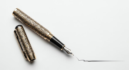 Fototapeta premium Elegant fountain pen with intricate design lying on a white background 