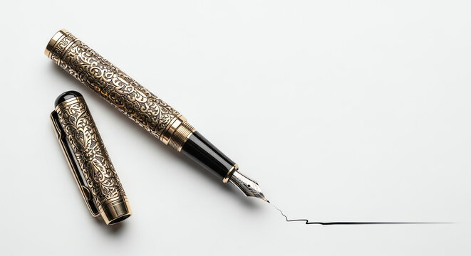 Elegant fountain pen with intricate design lying on a white background  