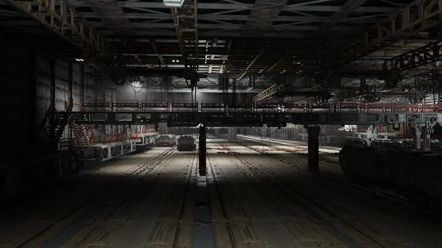 low light transit garage with long dramatic shadows, idle trains parked on parallel tracks, sparse overhead lamps creating cinematic contrast and textured floor