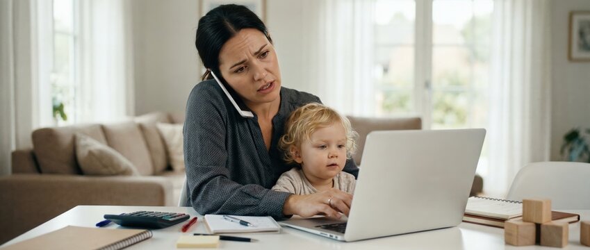 Working from home balancing parenting and productivity in a cozy living room environment a heartwarming scene of a mother and child engaging with technology