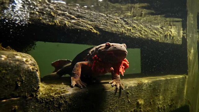 A serene underwater scene features a frog perched on a submerged wooden structure, surrounded by murky green water, with soft light filtering through the surface, revealing algae and sediment