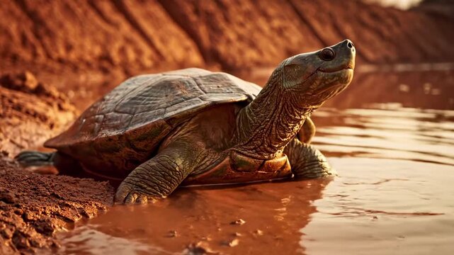 A turtle emerges from the shallow waters, its textured shell glistening under the warm sunlight, surrounded by earthy tones of clay and sand, creating a peaceful, natural habitat