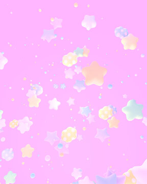 3D rendered colorful stars and polka dot clouds in the sky.
