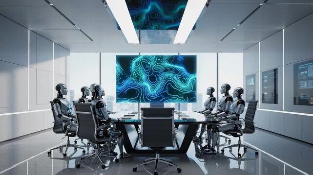 Two humanoid robots seated at a modern conference table in a futuristic meeting room with a large digital display showcasing abstract blue and green wave patterns