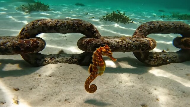 A vibrant seahorse glides gracefully underwater, its colors shimmering against the sandy ocean floor, while an aged, rusty metal chain lies dormant in the background, surrounded by gentle waves