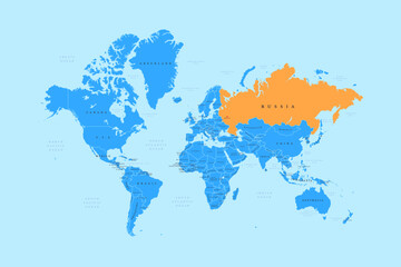 Fototapeta premium World Map highlighted at Russia, with country and sea name, and border vector illustration
