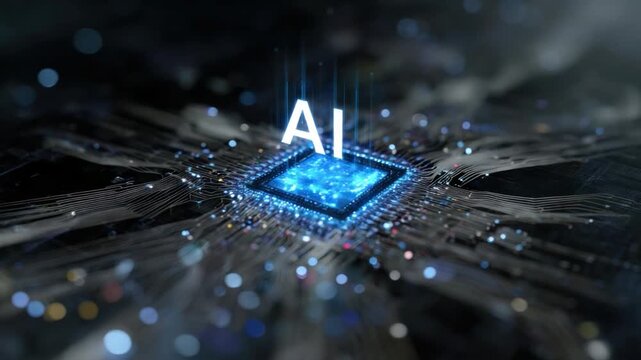 Artificial Intelligence Core: An artistic representation of a central processing unit (CPU) illuminated by a bright blue light and inscribed with the initials AI.