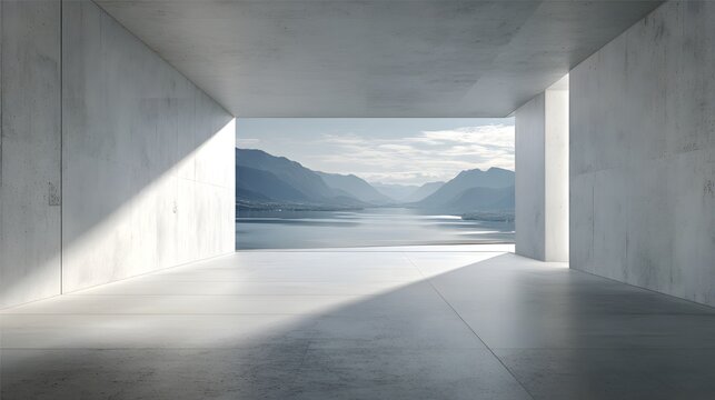 Modern concrete interior with a stunning natural landscape view.