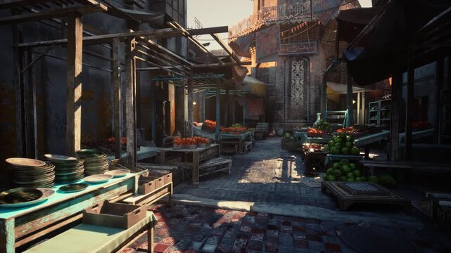 sunlit empty market alley stalls cobblestone. quiet dawn atmosphere in historic narrow bazaar with wooden tables, fruit and vegetable crates, hanging awnings