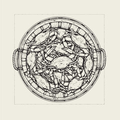 Naklejka premium A detailed black and white ink illustration of fresh blue crabs arranged inside a wooden basket