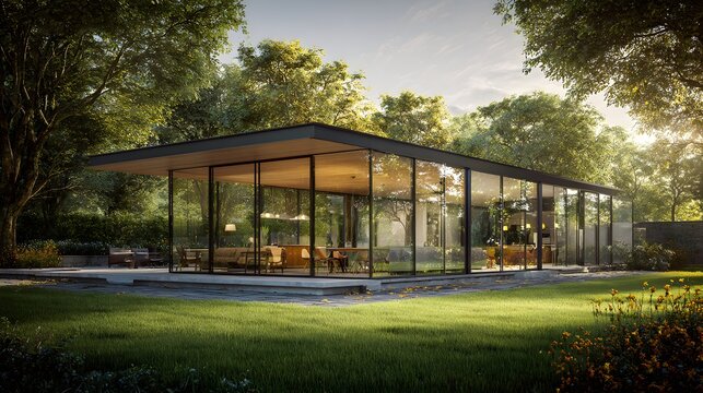 Modern Glass House Architecture Surrounded by Lush Greenery and Trees.