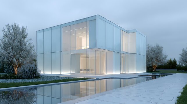 Modern Glass House with Reflecting Pool at Dusk.