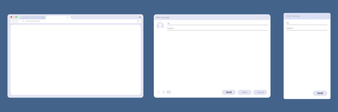 Minimalist browser and email interface mockup with clean design for web project. showing blank address bar and empty email composer forms with send buttons against solid blue background vector style.