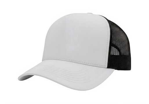 A classic white foam front trucker hat with a breathable black mesh back panel and curved visor