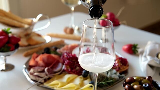 Pouring white wine or Prosecco into a glass from a bottle for an aperitif	