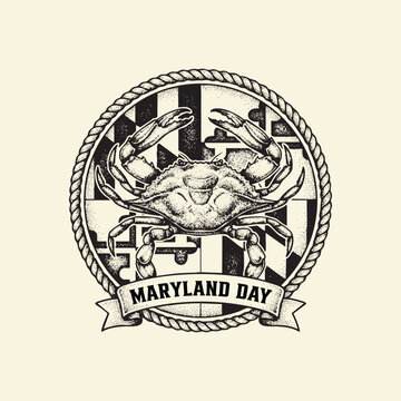 Stippled illustration of a blue crab centered over the maryland state flag inside a rope border
