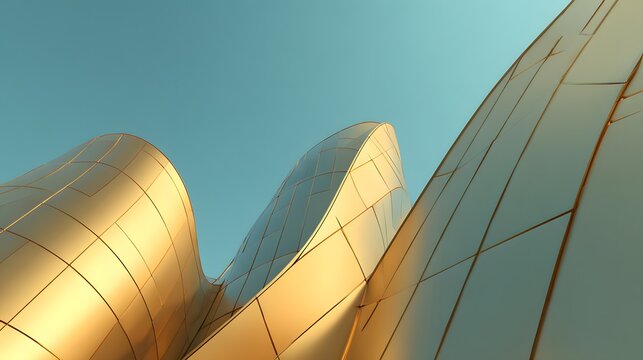 Modern Golden Building Facade Against Clear Blue Sky.