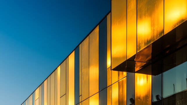 Modern Golden Building Facade Reflecting Sunlight Against Clear Blue Sky.