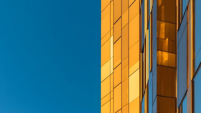 Modern Golden Building Facade Reflecting Sunlight Against Clear Blue Sky.