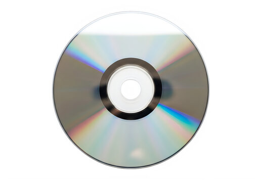 A standard compact disc showing a circular silver surface with vibrant rainbow light reflections