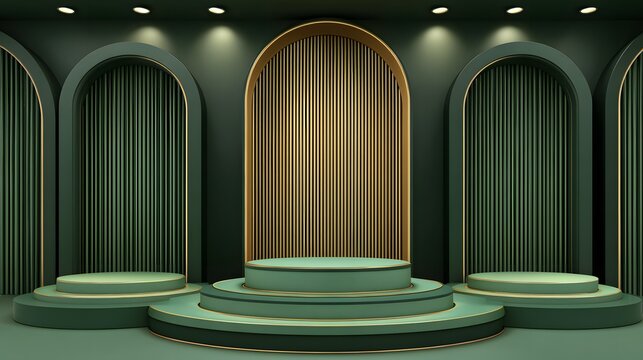 Modern Green Archway Stage with Tiered Pedestals and Wood Accent.
