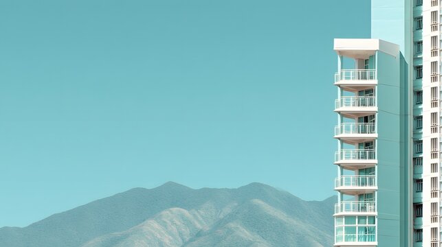 Modern High Rise Apartment Building with Mountain Backdrop.