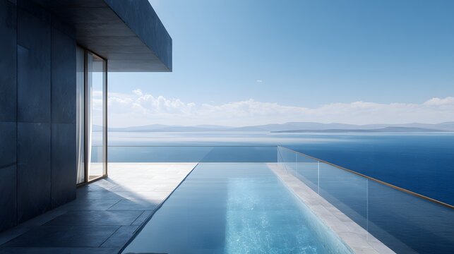 Modern Infinity Pool Overlooking Vast Blue Ocean Under Clear Sky.