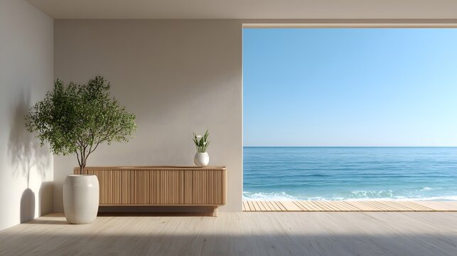 Modern Interior Living Room with Ocean View and Natural Light.