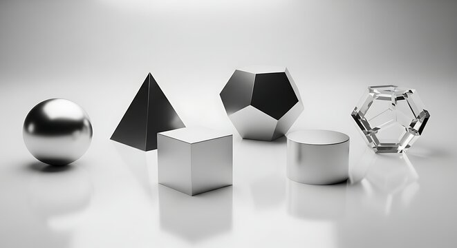 Geometric Solids Arrangement featuring Silver Spheres, Pyramids, Cubes, Dodecahedrons, Cylinders, and Icosahedrons
