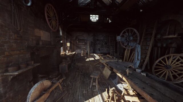 dusty wheelwright workshop interior with sunlight streaming through small window, vintage wagon wheels leaning against brick wall, scattered planks and wooden