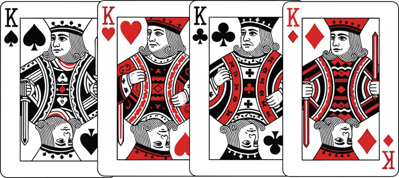 Playing card king set featuring spade, heart, club and diamond suits with classic vintage design for casino and card game theme