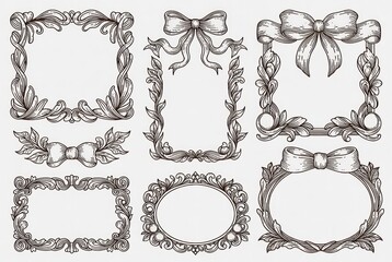 Obraz premium Elegant Hand-Drawn Decorative Frames and Borders with Bows and Floral Elements for Creative Design Projects