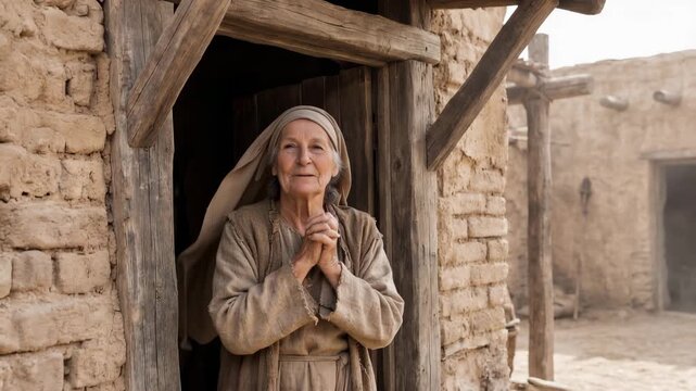 Older relative Elizabeth standing in rustic doorway