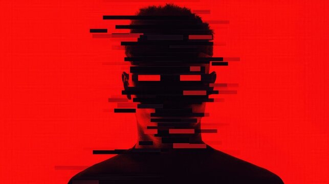 Silhouette digital red glitch effect, anonymous identity scammer, social engineering