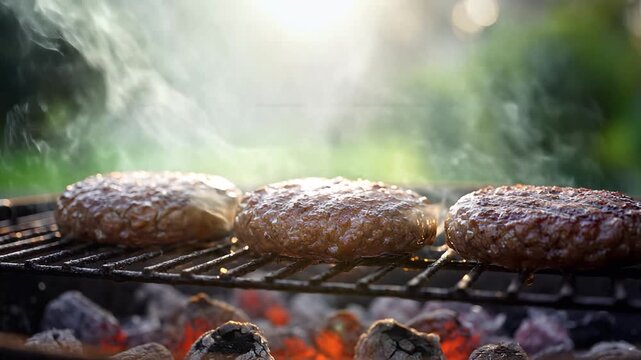 Burger Bliss: Close-up of three savory burgers sizzling over hot coals on a grill, inviting the viewer to savor the delicious flavors and the joy of outdoor grilling.