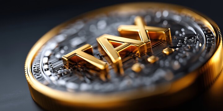 Nahaufnahme einer Goldm&uuml;nze mit goldenem dreidimensionalem Schriftzug TAX auf dunklem Hintergrund