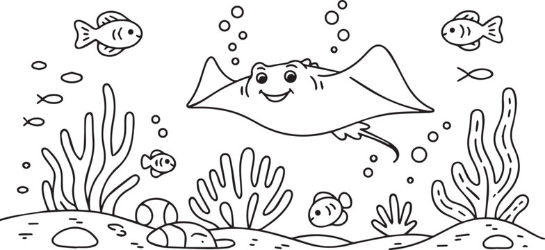 Cute cartoon stingray swimming happily in ocean water surrounded by tropical fish and sea plants for coloring book page