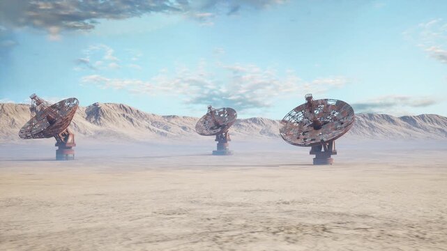 desert landscape with mechanical trees, scrap metal gears forming monumental rusted sculptures on cracked sand, distant mountains under bright blue sky, gentle