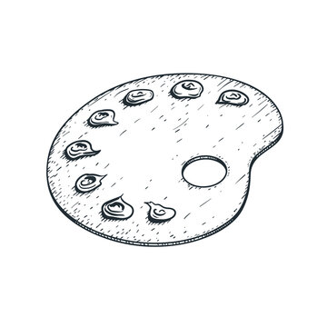 Hand drawn sketch style artistic paint wooden palette with oil or acrylic paint blobs. Vintage retro art element. Vector illustration isolated on white background.