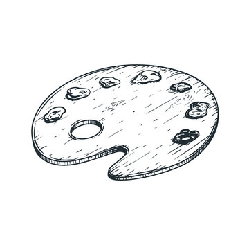 Hand drawn sketch style artistic paint wooden palette with oil or acrylic paint blobs. Vintage retro art element. Vector illustration isolated on white background.